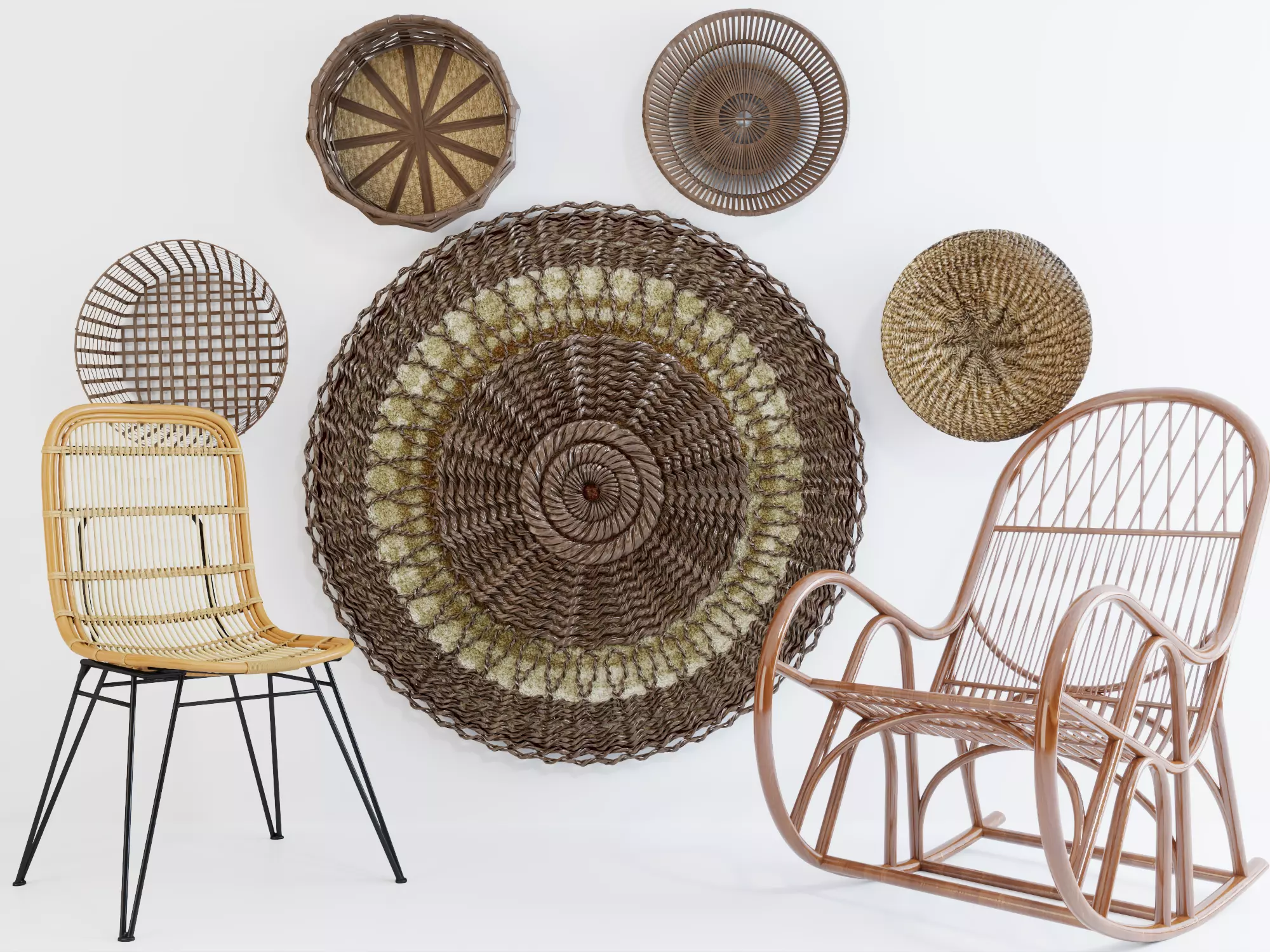 Rattan Wicker Chair Basket Set Low-poly 3D model