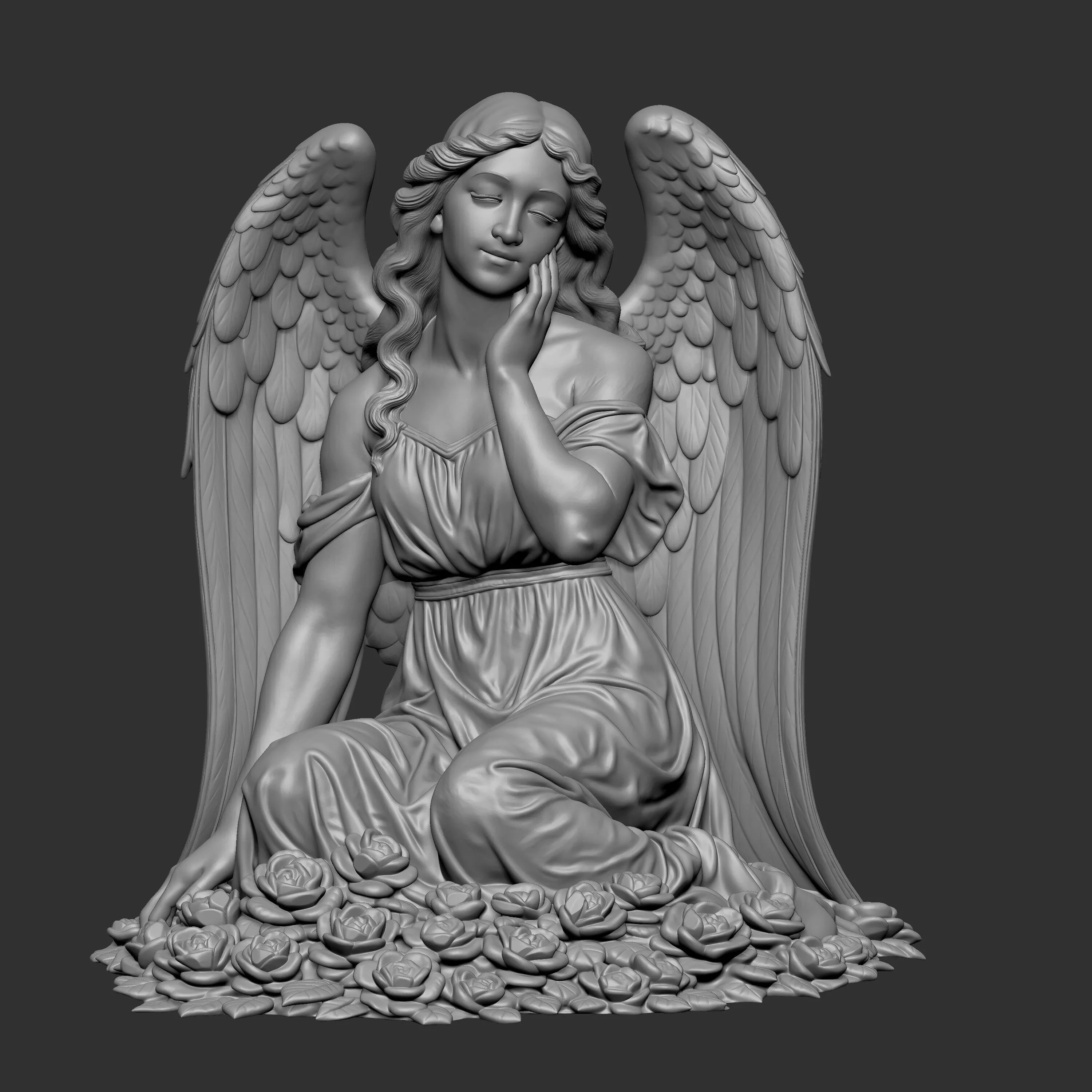 a seated angel surrounded by roses 3D print model