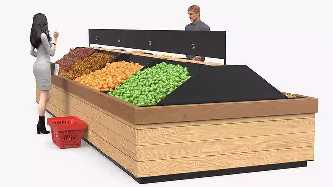 People Near Counter with Fresh Fruits 3D model 4