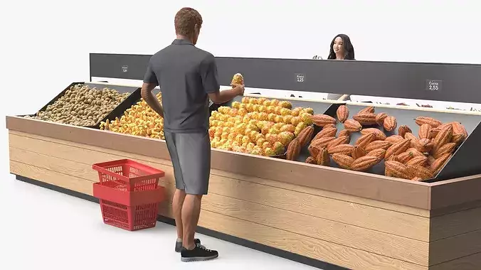 People Near Counter with Fresh Fruits 3D model 6