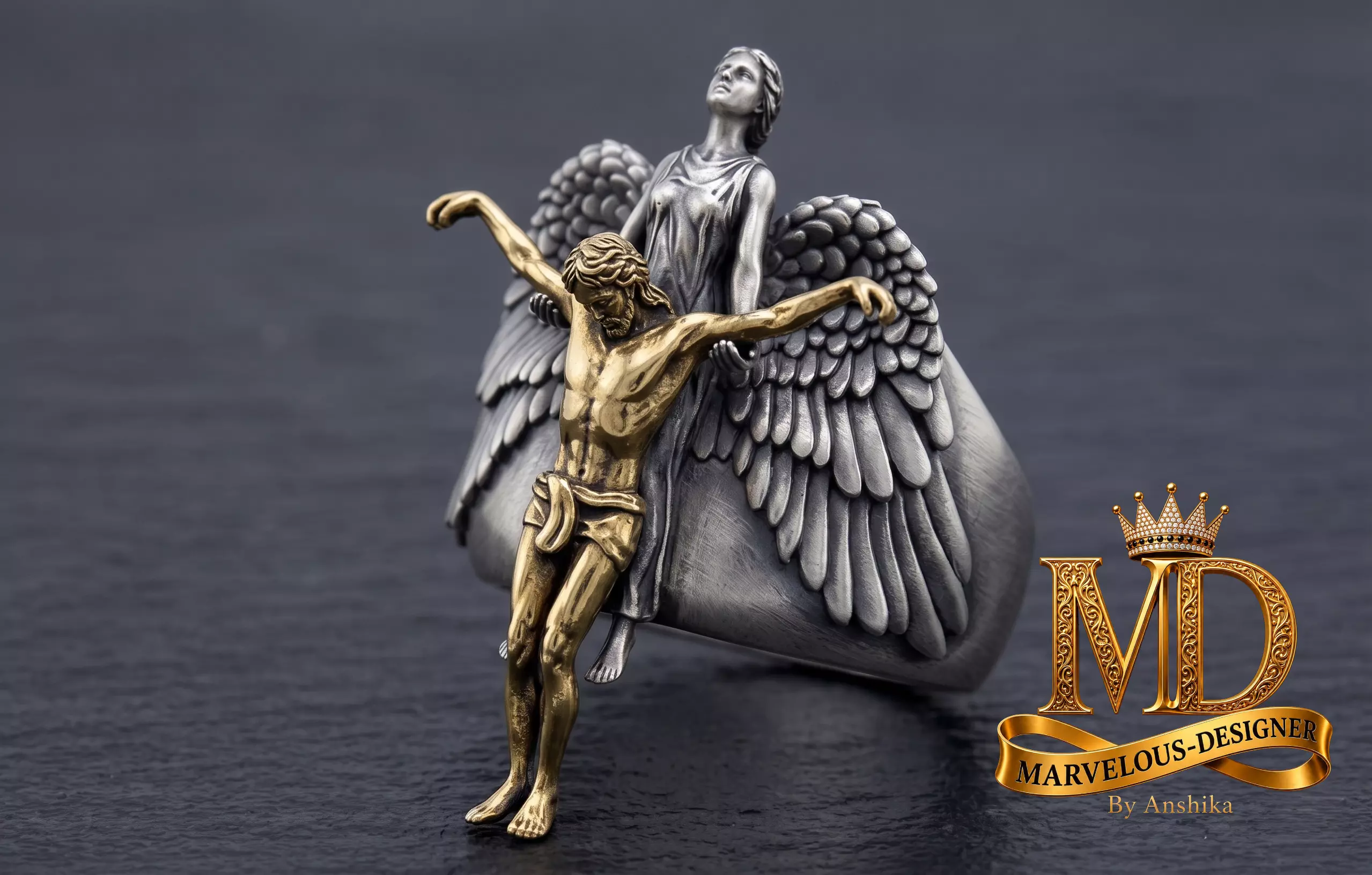 Jesus Christ Crucifix Guardian Angel Ring 3D print model