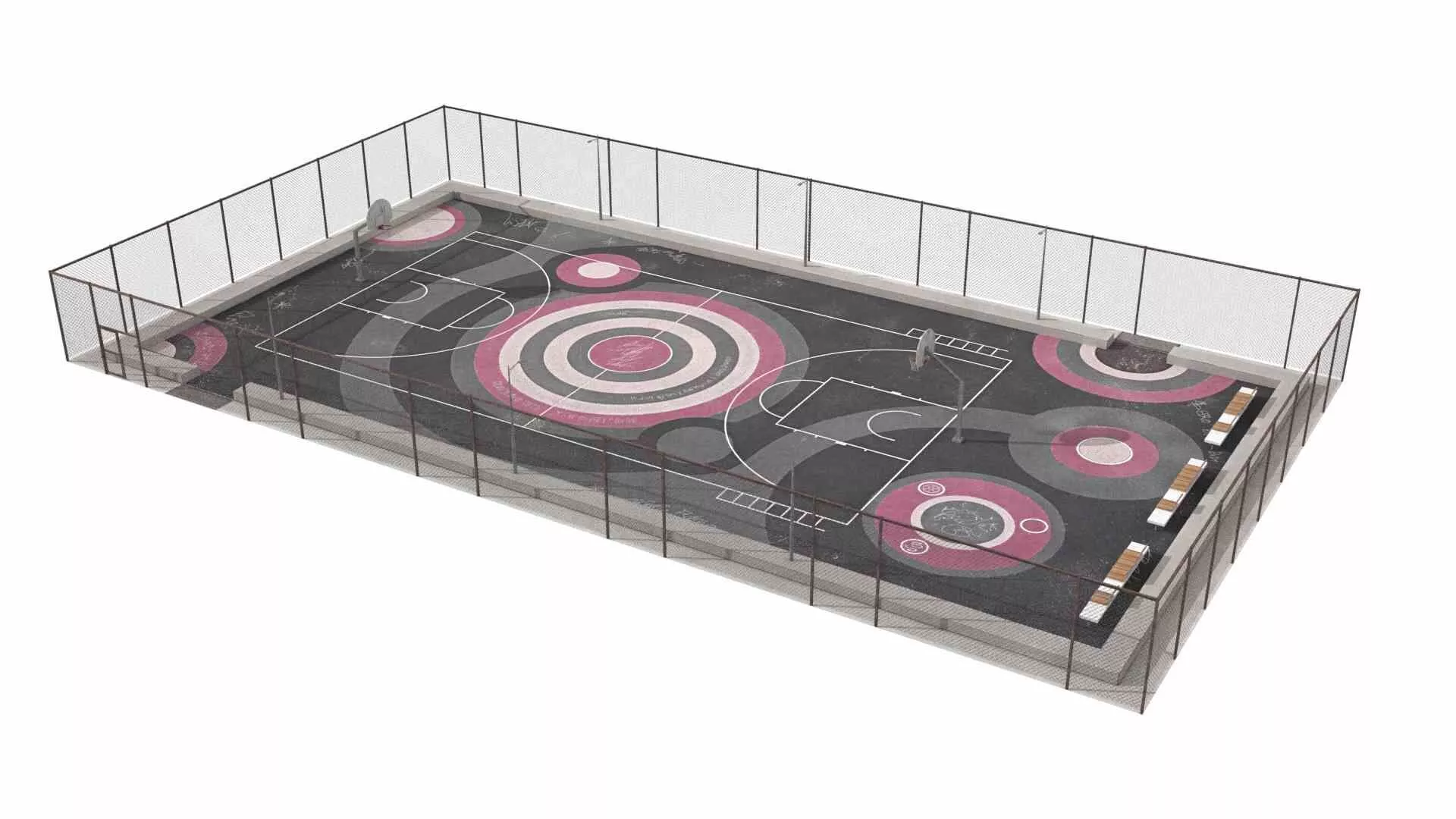 Realistic complex basketball court scene Low-poly 3D model
