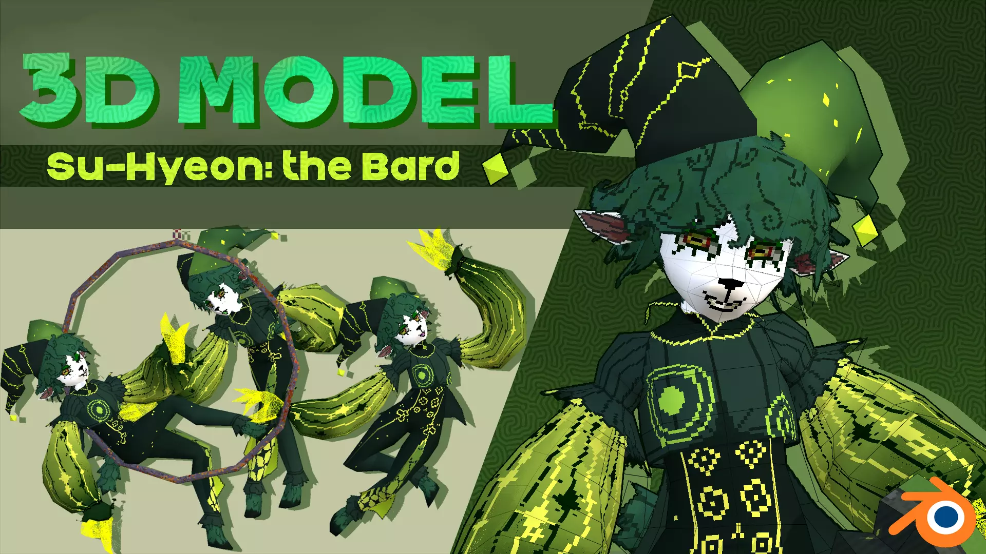 Retro style furry character - Su-Hyeon - The bard Low-poly 3D model