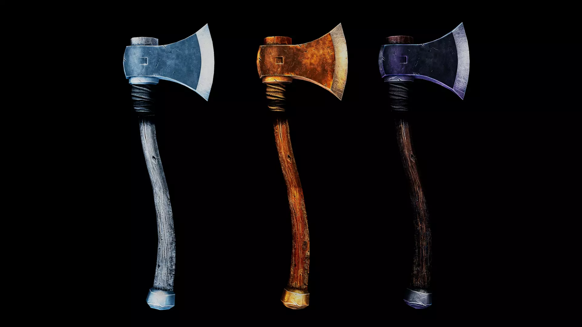 3 game items axes blue orange purple weapon pack Low-poly 3D model