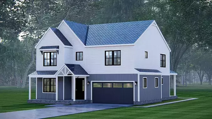 Modern 2Story American Farmhouse with Garage 3D House Model 3D model 2