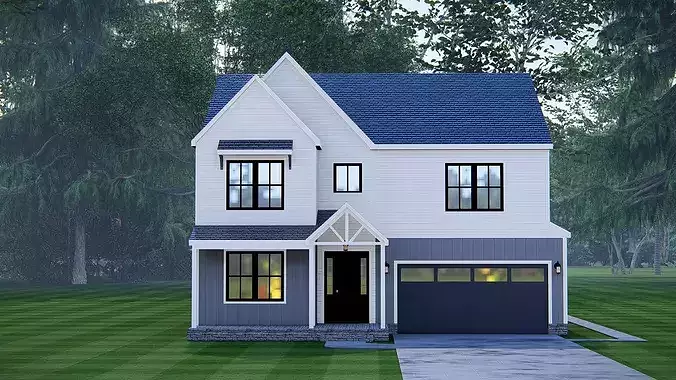 Modern 2Story American Farmhouse with Garage 3D House Model 3D model