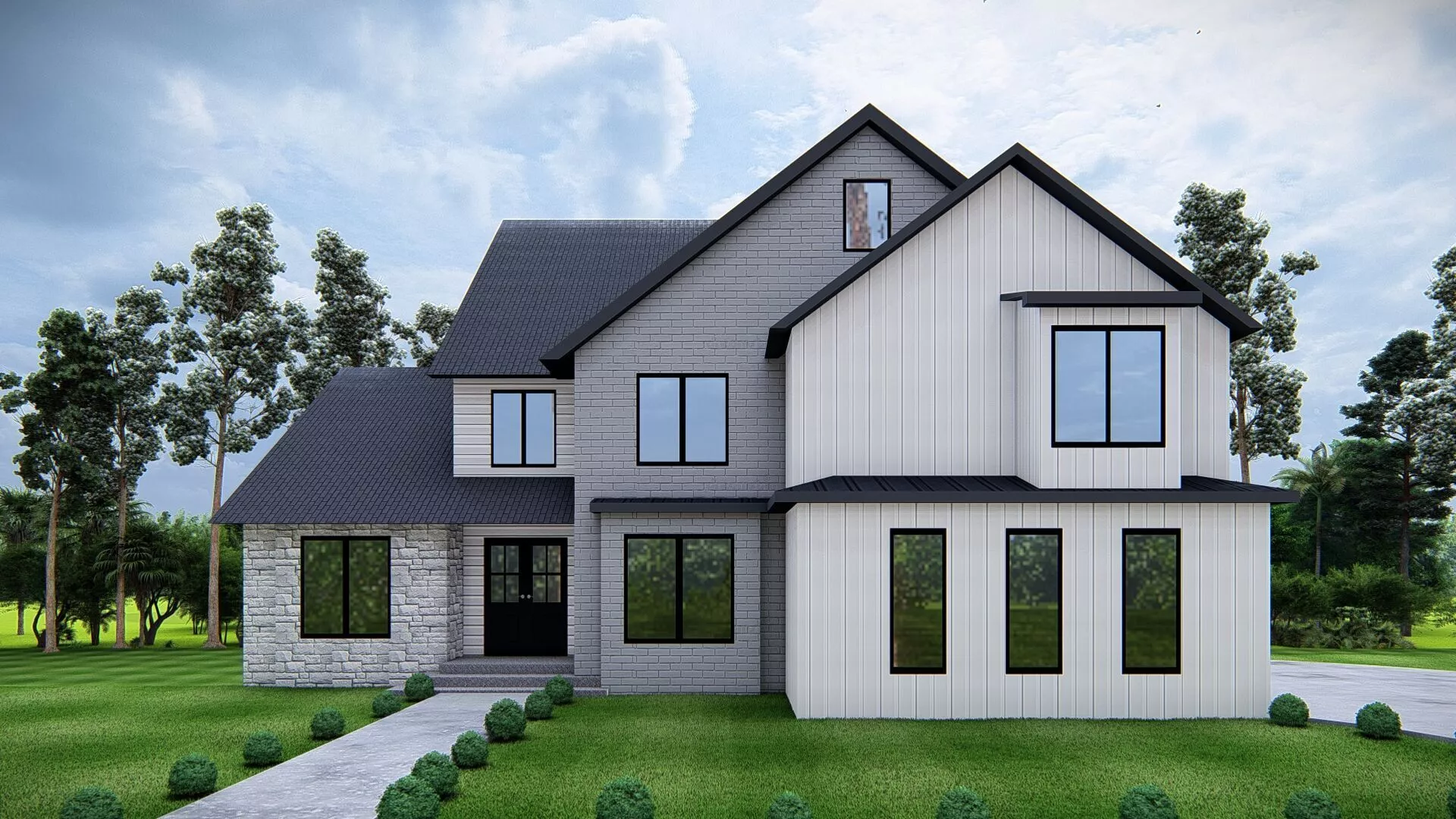 Modern Hillside Farmhouse with Walkout Basement Stone Chimney 3D model