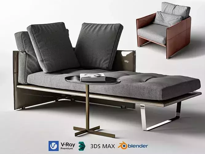 Modern Gray Chaise Lounge with Armchair Low-poly 3D model