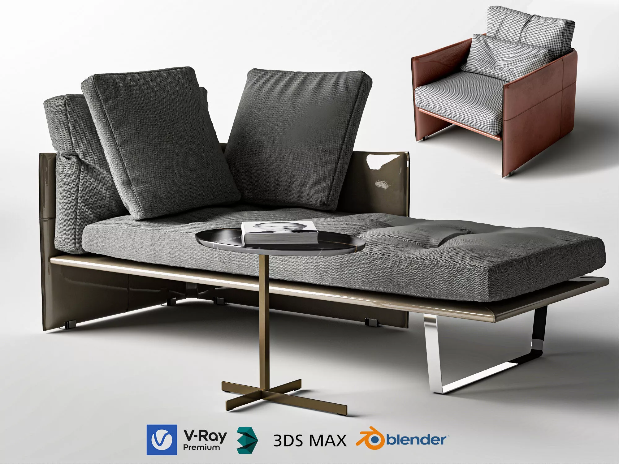 Modern Gray Chaise Lounge with Armchair Low-poly 3D model