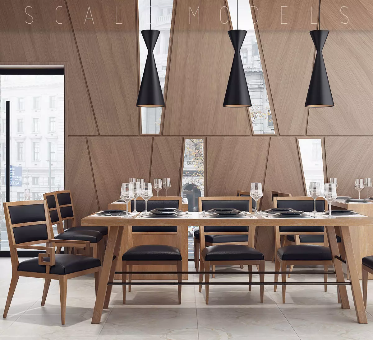 Restaurant dining room with chairs and wooden walls 3D model_0