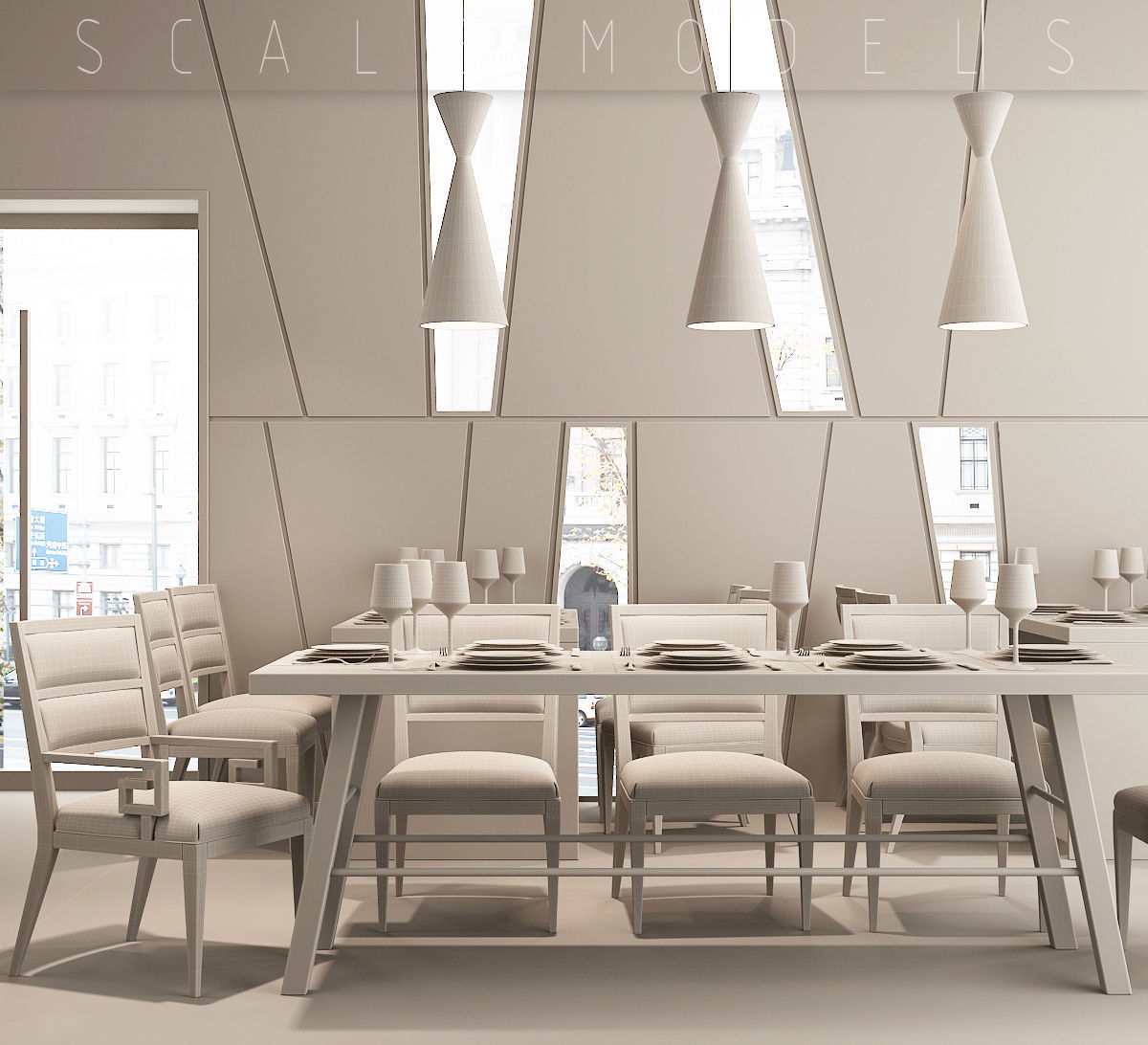 Restaurant dining room with chairs and wooden walls 3D model_4