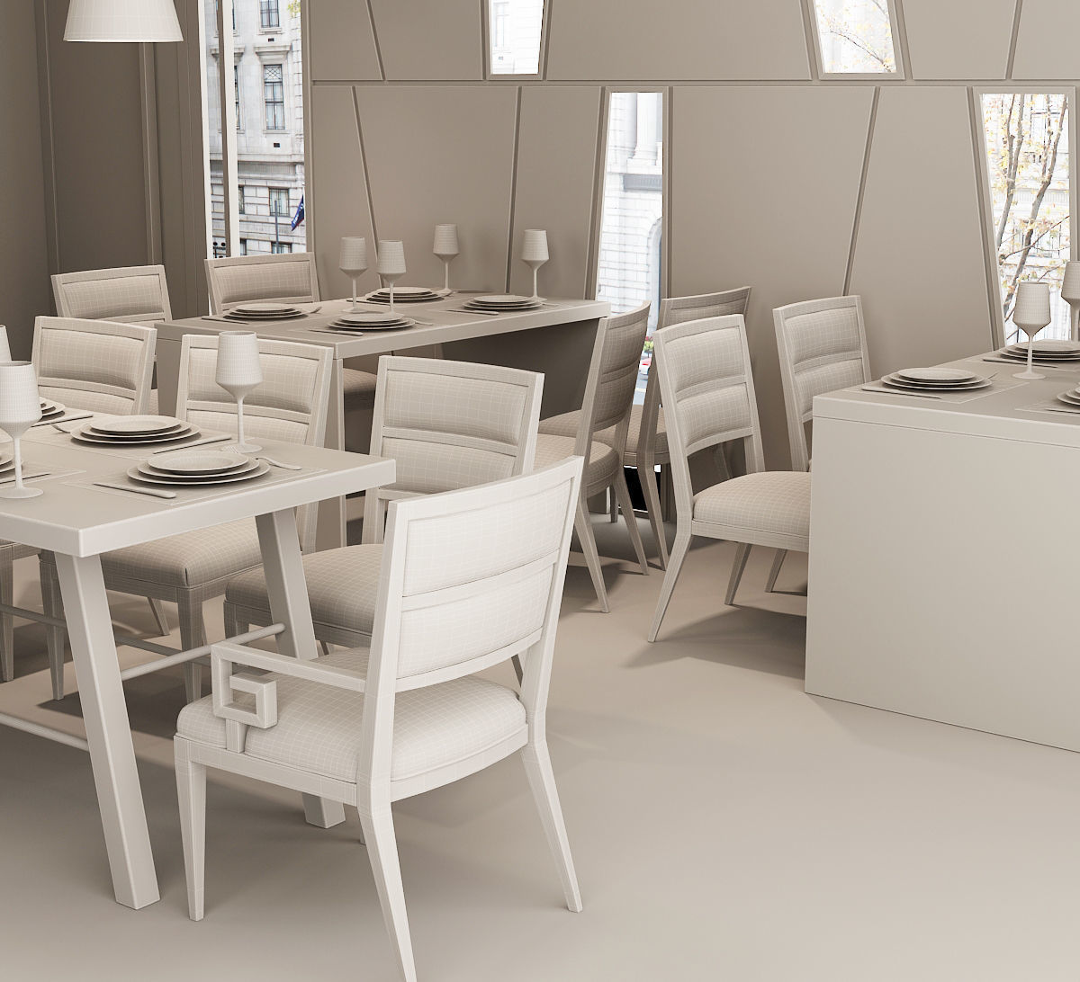 Restaurant dining room with chairs and wooden walls 3D model_2