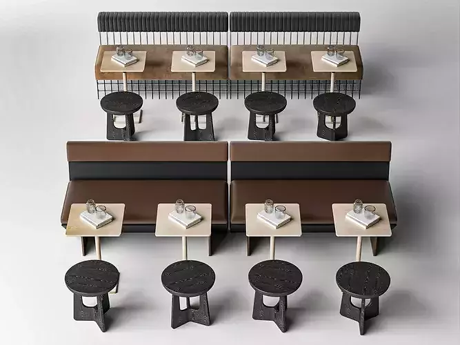 Modern Cafe Restaurant Banquette Seating Set Low-poly 3D model 2