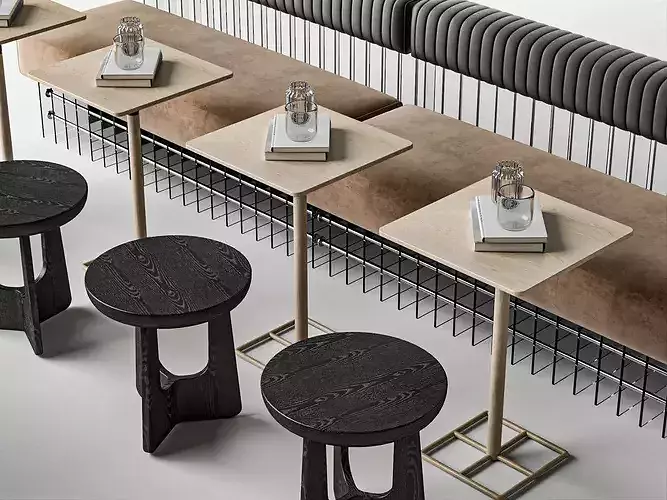 Modern Cafe Restaurant Banquette Seating Set Low-poly 3D model 4
