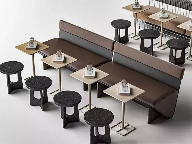 Modern Cafe Restaurant Banquette Seating Set Low-poly 3D model 3