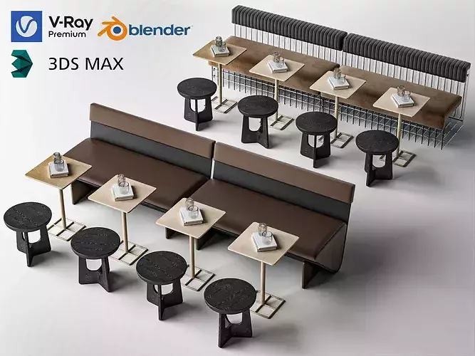 Modern Cafe Restaurant Banquette Seating Set Low-poly 3D model