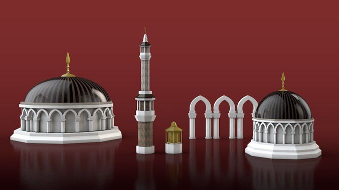 Set of Islamic Architecture Minara Dome Arch - Low Poly Low-poly 3D model