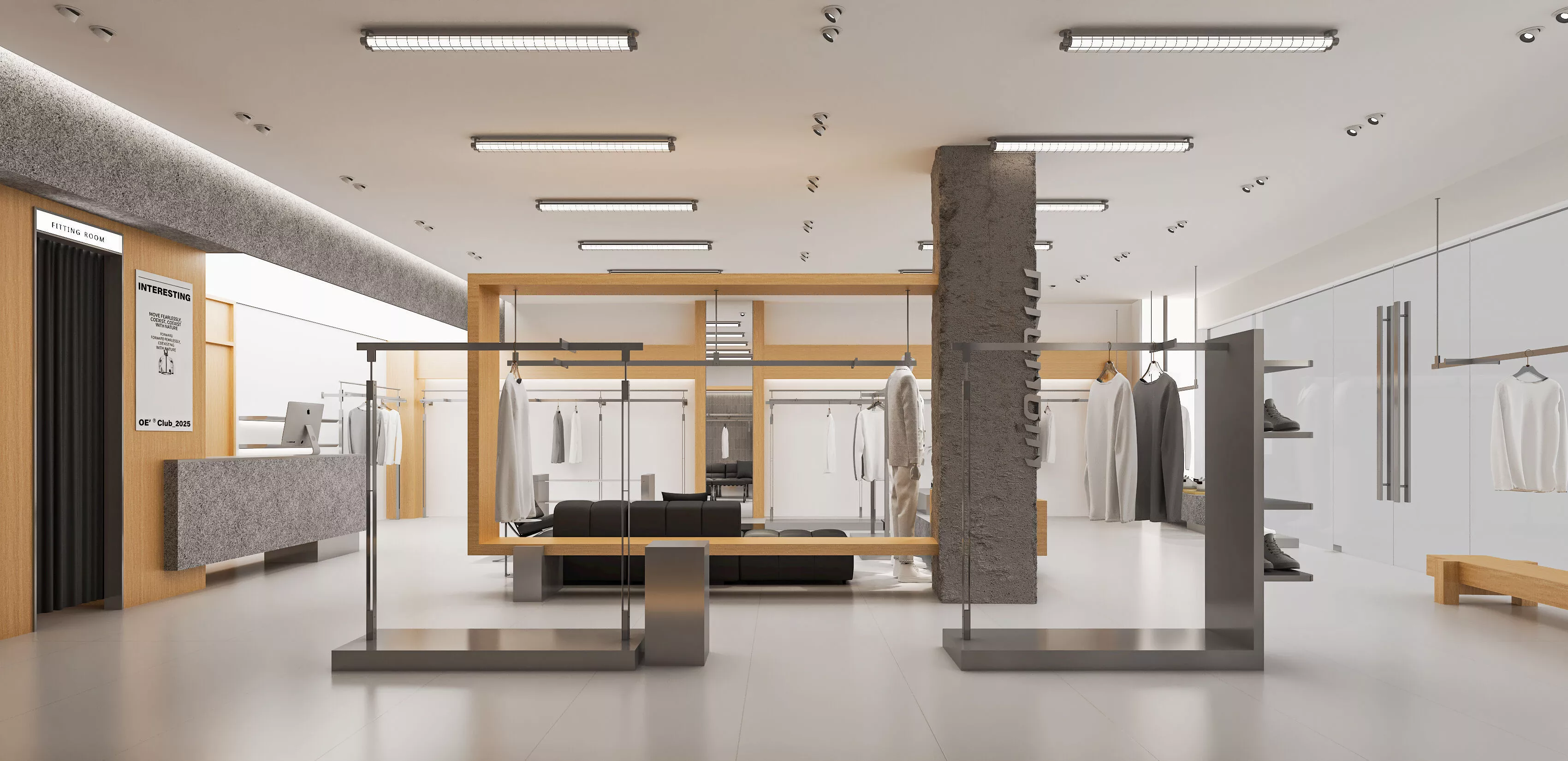 Interior of modern industrial style clothing store 3D model
