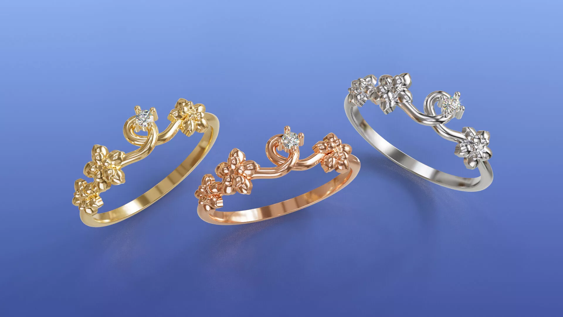 Blooming Vine Floral Ring with Solitaire Accent Minimalist Rings 3D print model