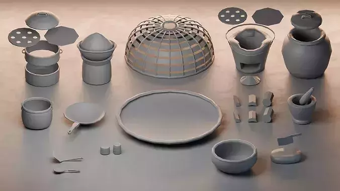 Asian Traditional Kitchen Pack - 20 Modular Pieces Low-poly 3D model 4