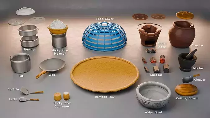 Asian Traditional Kitchen Pack - 20 Modular Pieces Low-poly 3D model 2