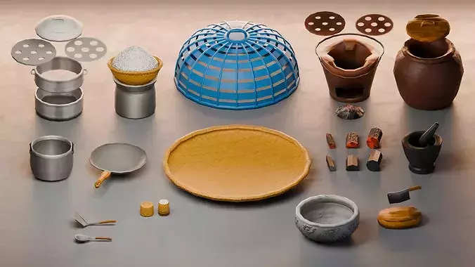 Asian Traditional Kitchen Pack - 20 Modular Pieces Low-poly 3D model 3