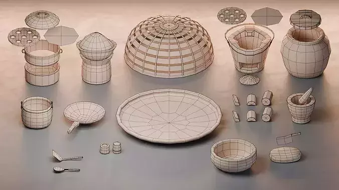 Asian Traditional Kitchen Pack - 20 Modular Pieces Low-poly 3D model 5