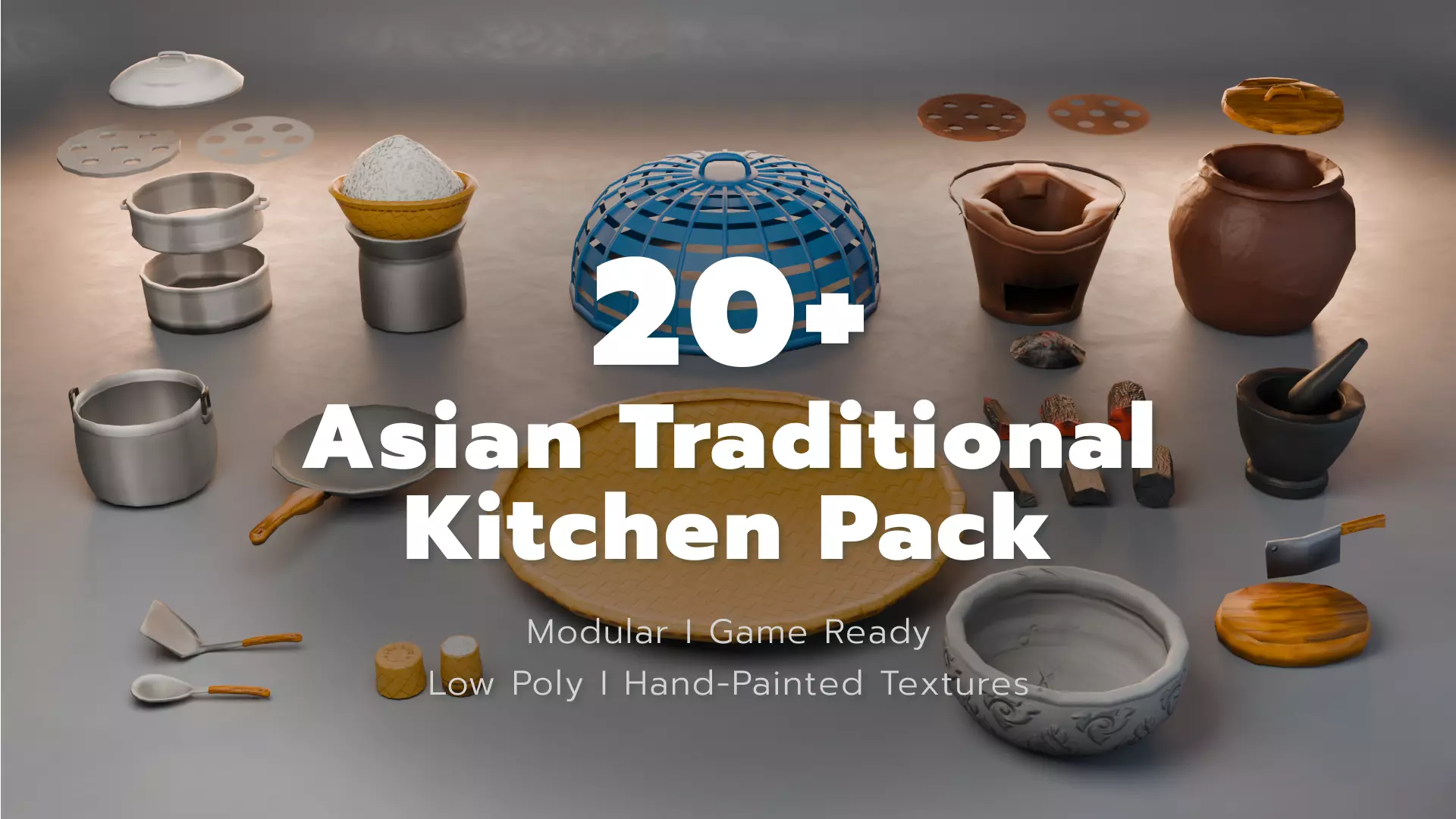 Asian Traditional Kitchen Pack - 20 Modular Pieces Low-poly 3D model