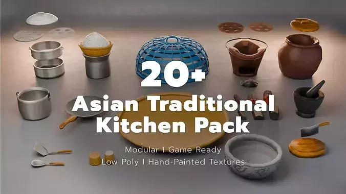 Asian Traditional Kitchen Pack - 20 Modular Pieces Low-poly 3D model
