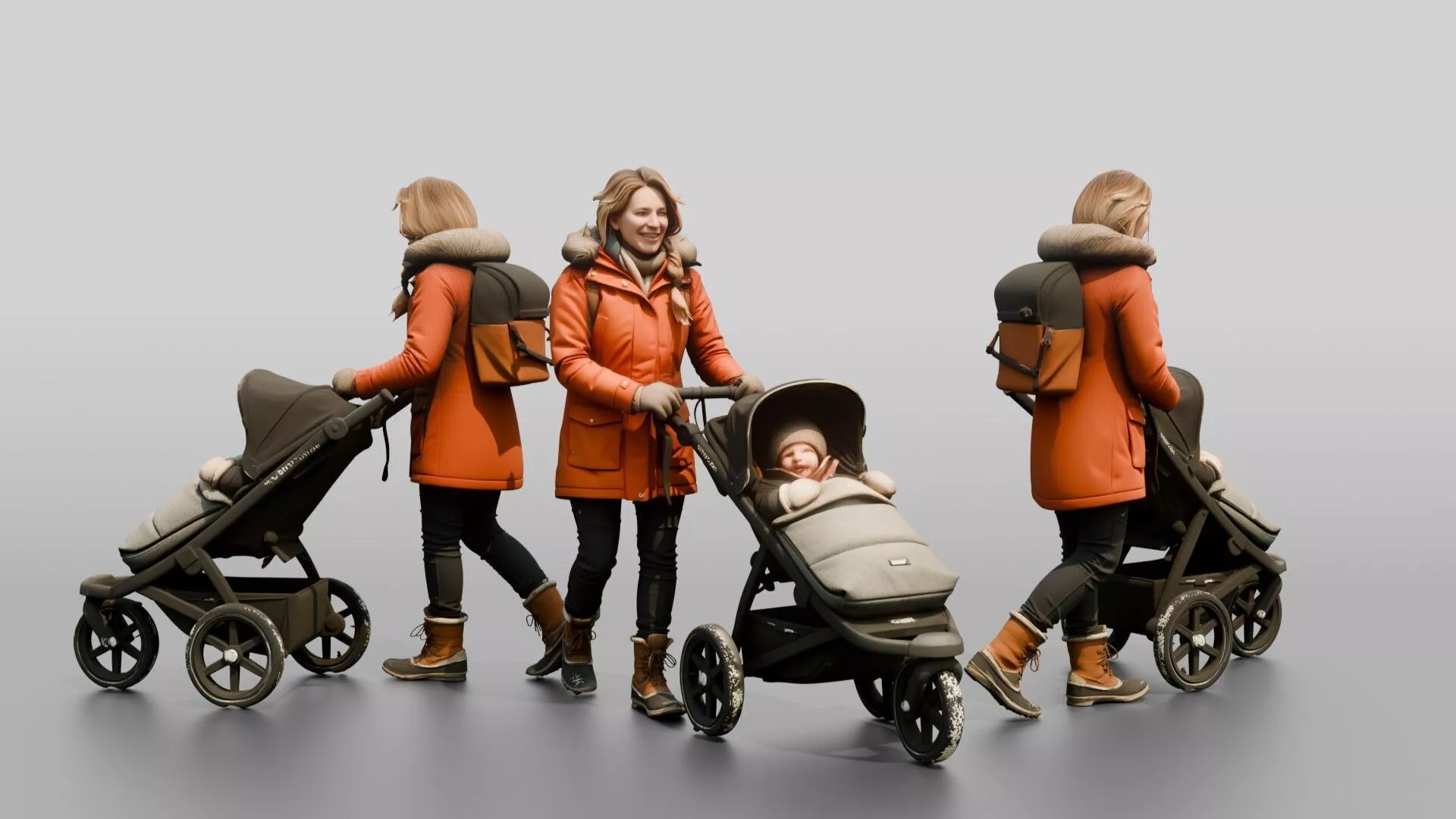 Norwegian Mother Pushing Stroller in Snow 3D model