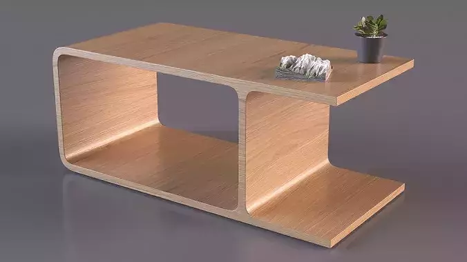 Wooden Minimalist Nightstand with Plant and Mountain Model 3D model 4