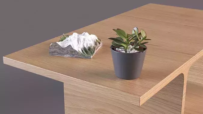 Wooden Minimalist Nightstand with Plant and Mountain Model 3D model 5