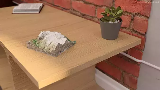 Wooden Minimalist Nightstand with Plant and Mountain Model 3D model 3
