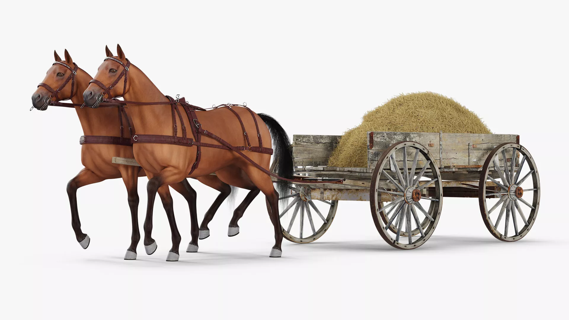 Wagon with Hay and Horses 3D model