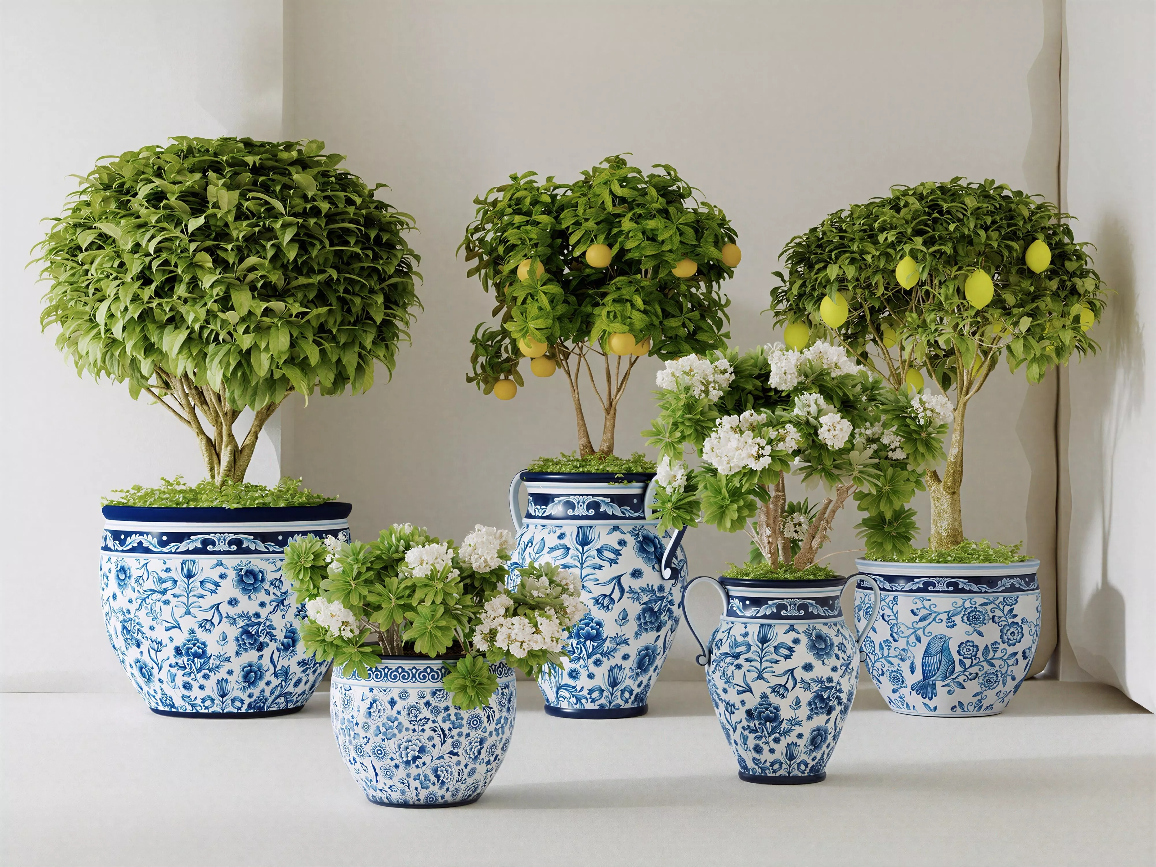 Blue And White Porcelain Potted Topiary Tree 3D Model Pack 3D model