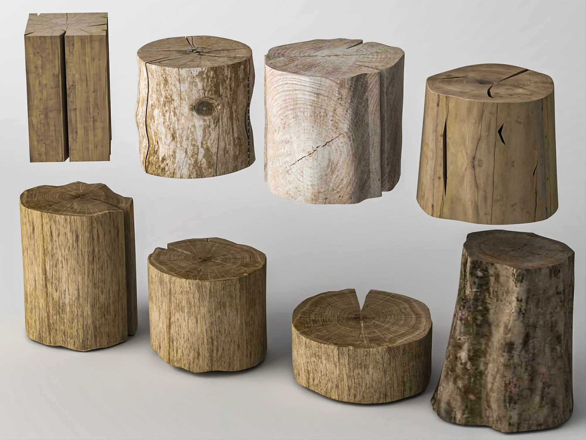 Rustic Wooden Tree Stump Stool Collection Low-poly 3D model