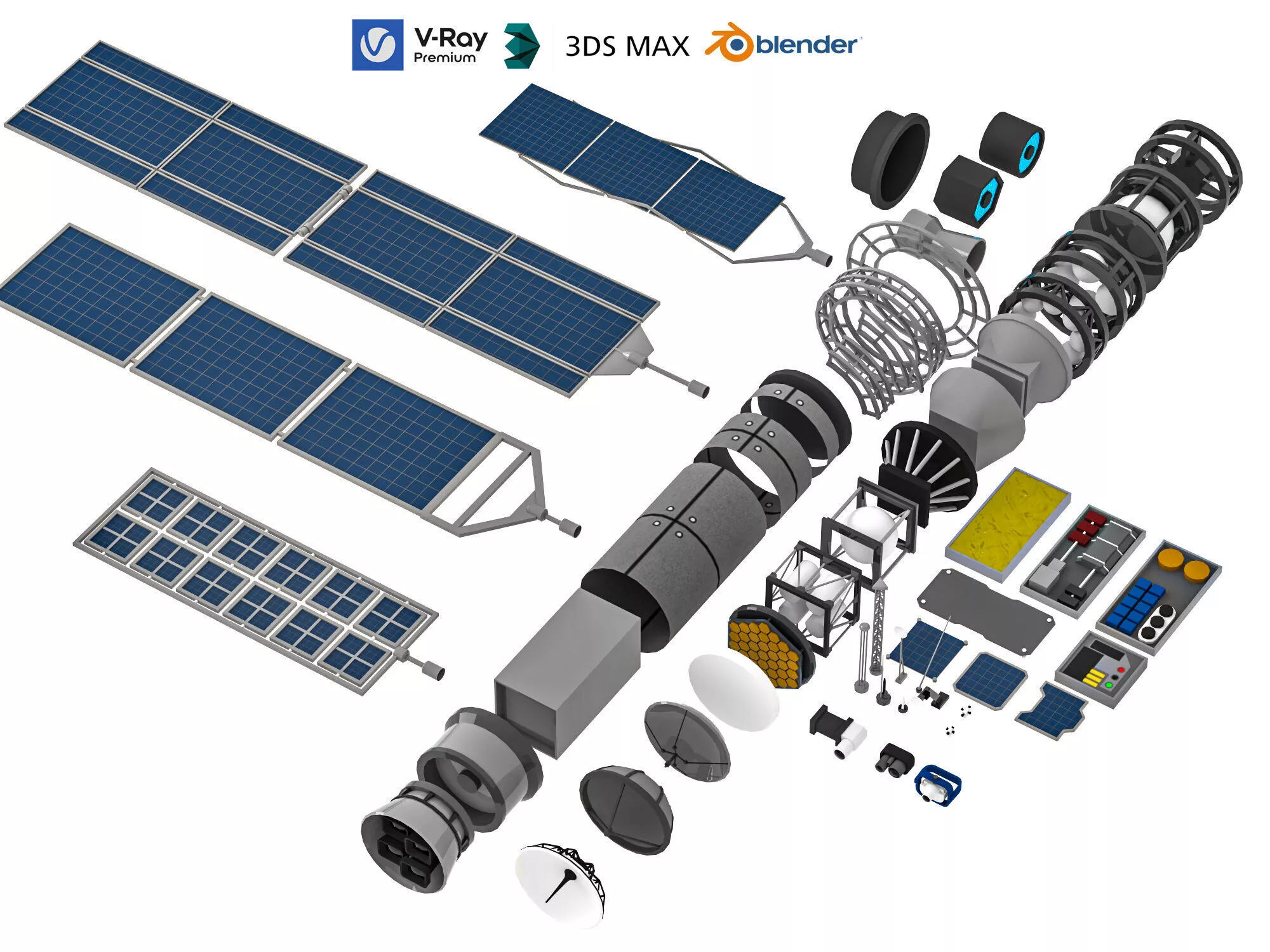 Satellite Communication System Exploded View Low-poly 3D model