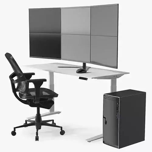 Office Workstation with Multi Screen 3D model 2