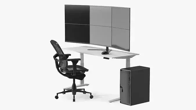 Office Workstation with Multi Screen 3D model 3
