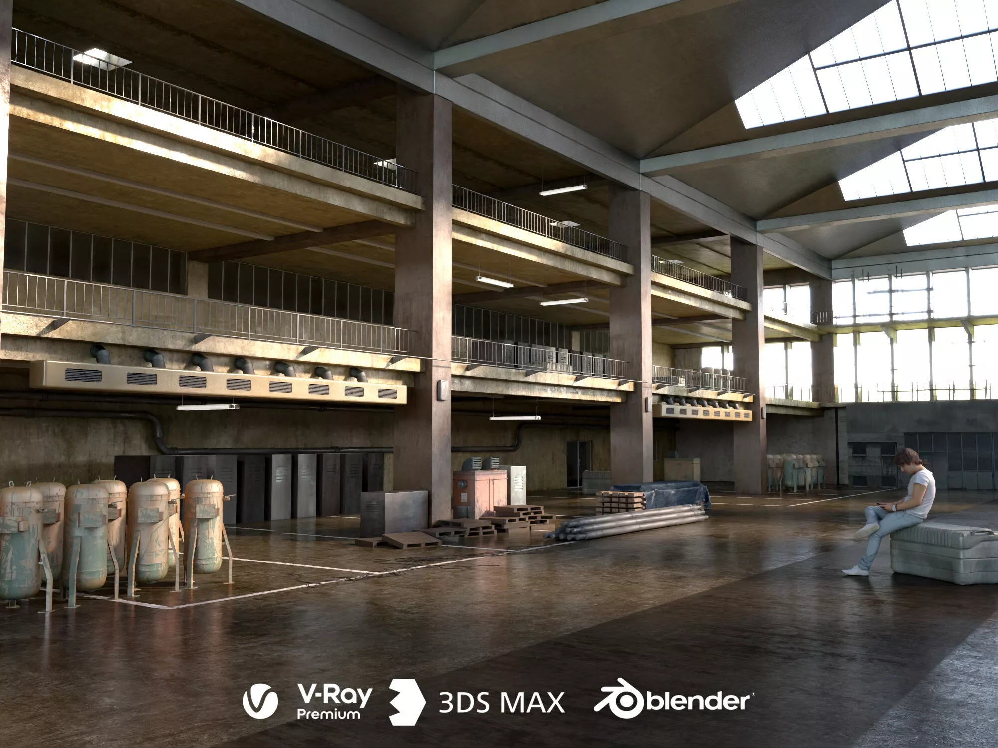 Old two layer factory interior scene asset pack 3D model