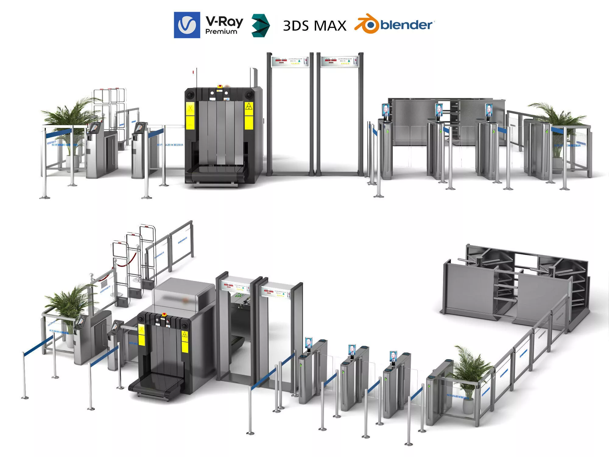 Airport Security Checkpoint Equipment Set Low-poly 3D model
