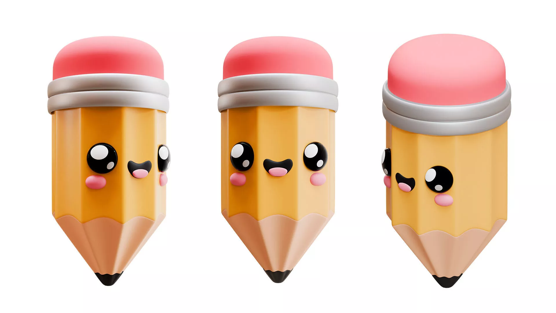 Cute 3D Kawaii Pencil Character with Happy Face and Eraser 3D model