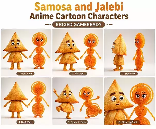 Samosa and Jalebi Anime Cartoon Characters Rig Gameready 3D model