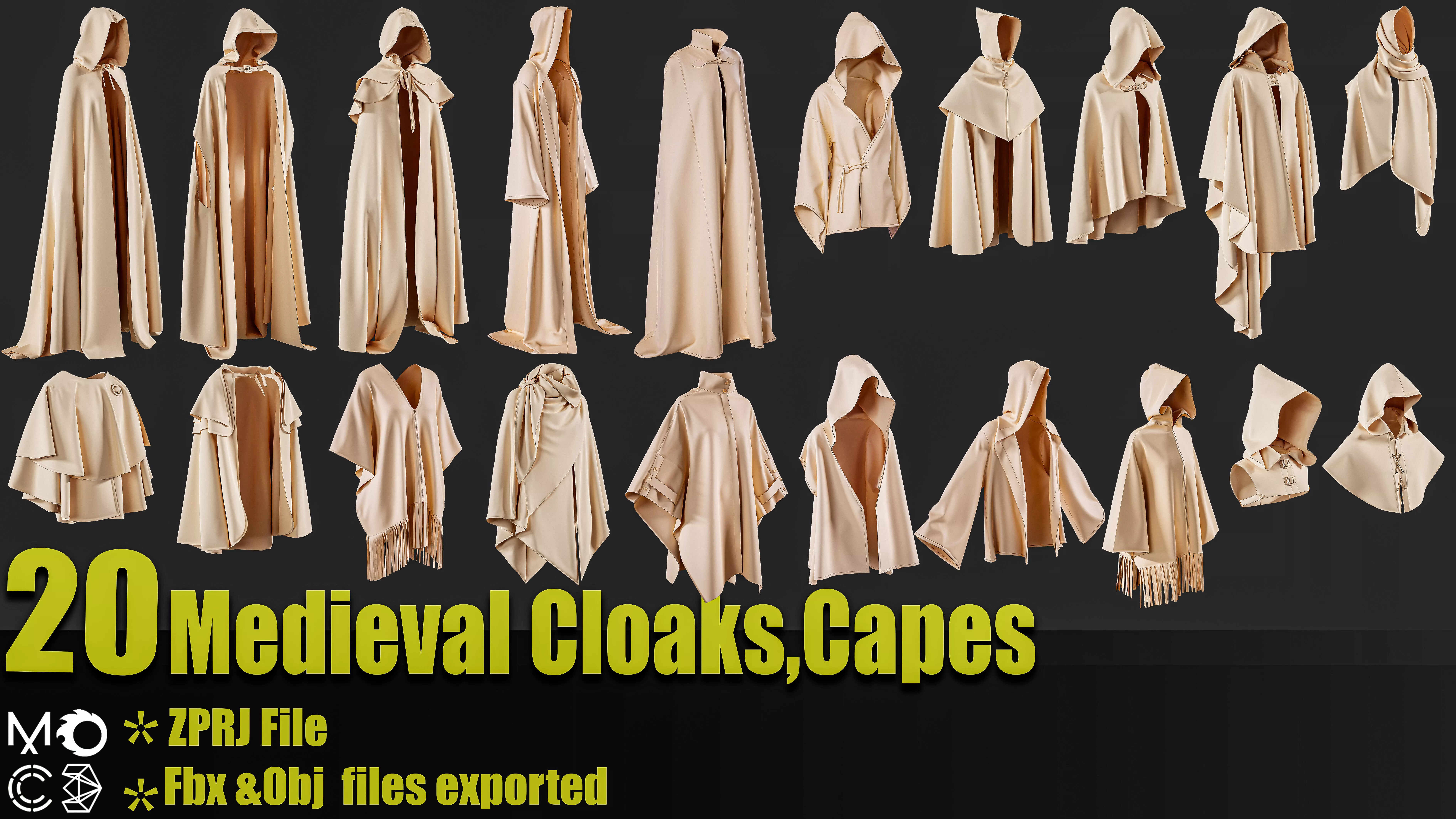 20 Medieval Cloaks Capes and Shawls 3D model
