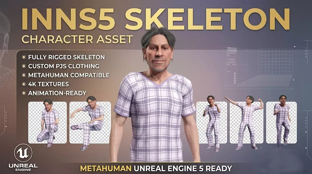 Realistic Elder Male Plaid Pajamas Fully Rigged UE Project 3D model