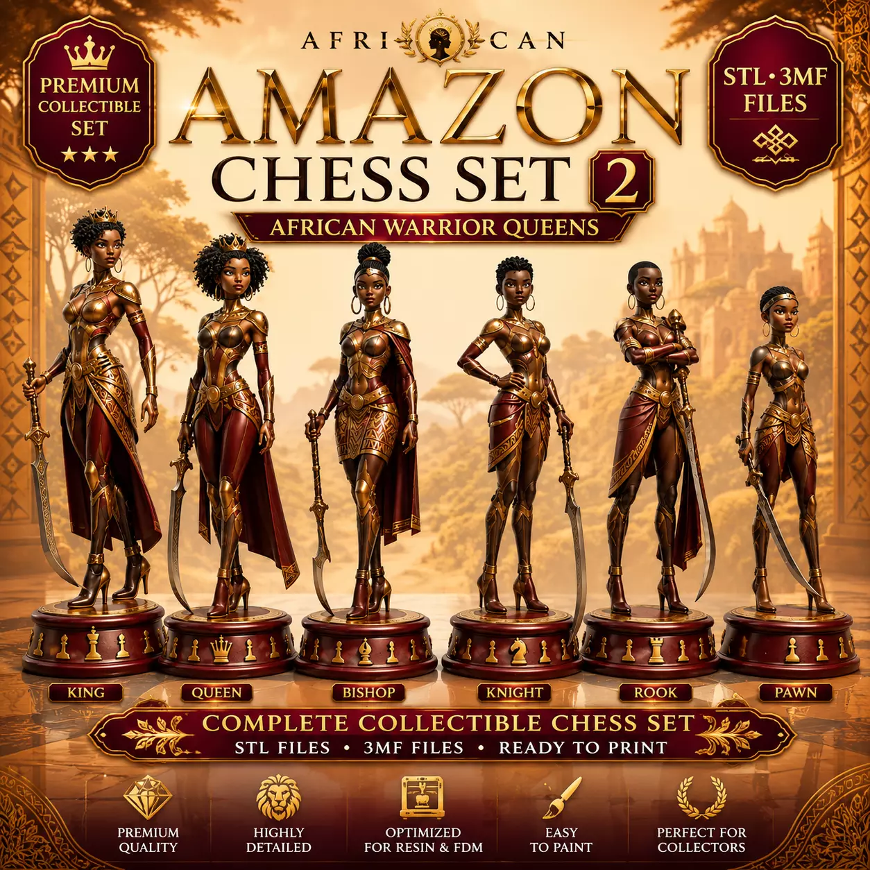 Amazon Chess Set 2 African Warrior Queens 3D print model