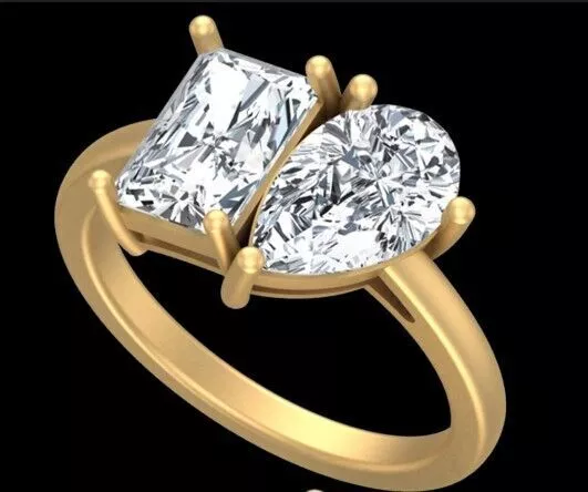 Radiant and Pear Diamond Toi Et Moi Ring CAD Model Free 3D print model