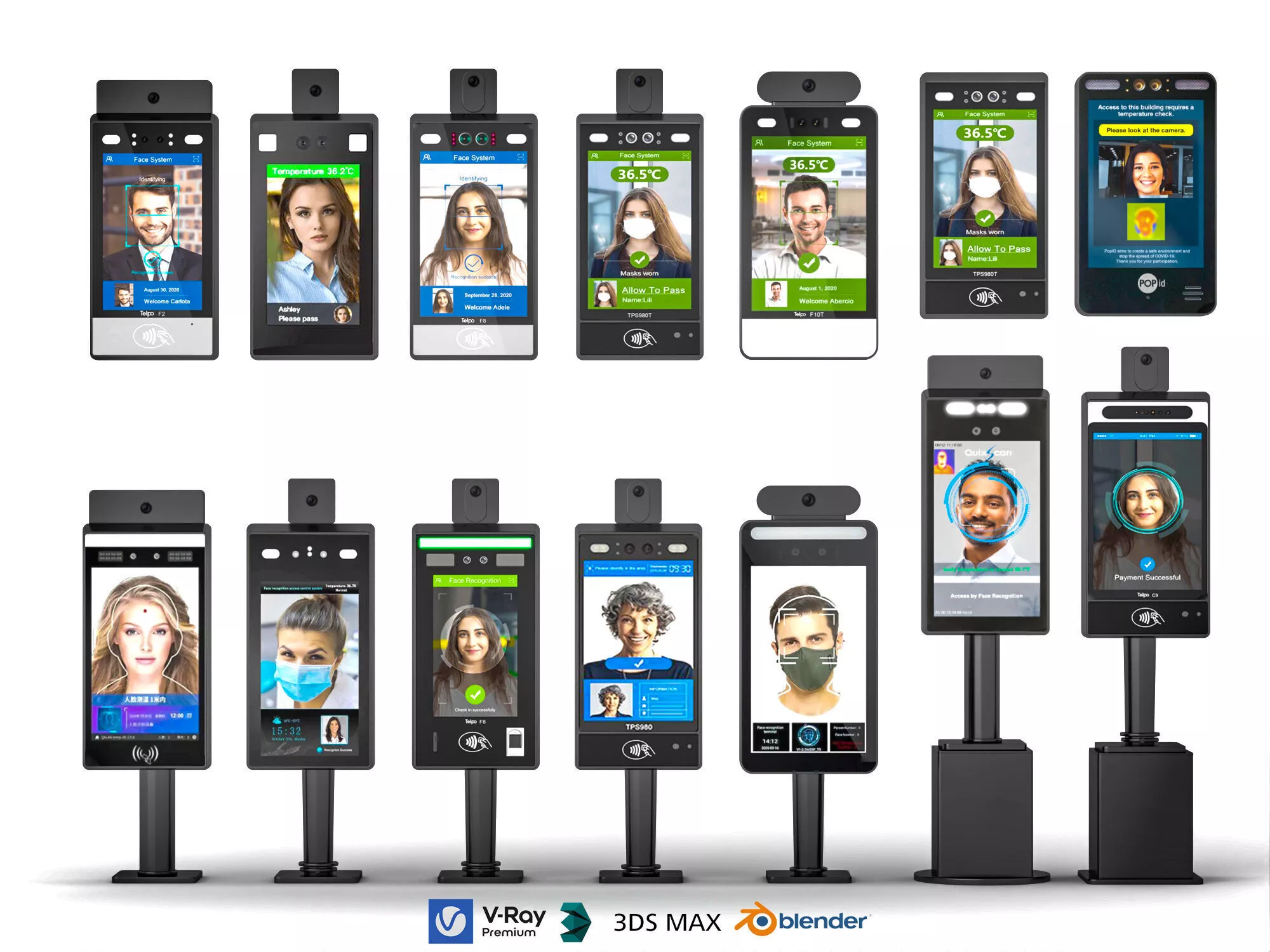 Facial Recognition Access Control Terminal Collection Low-poly 3D model