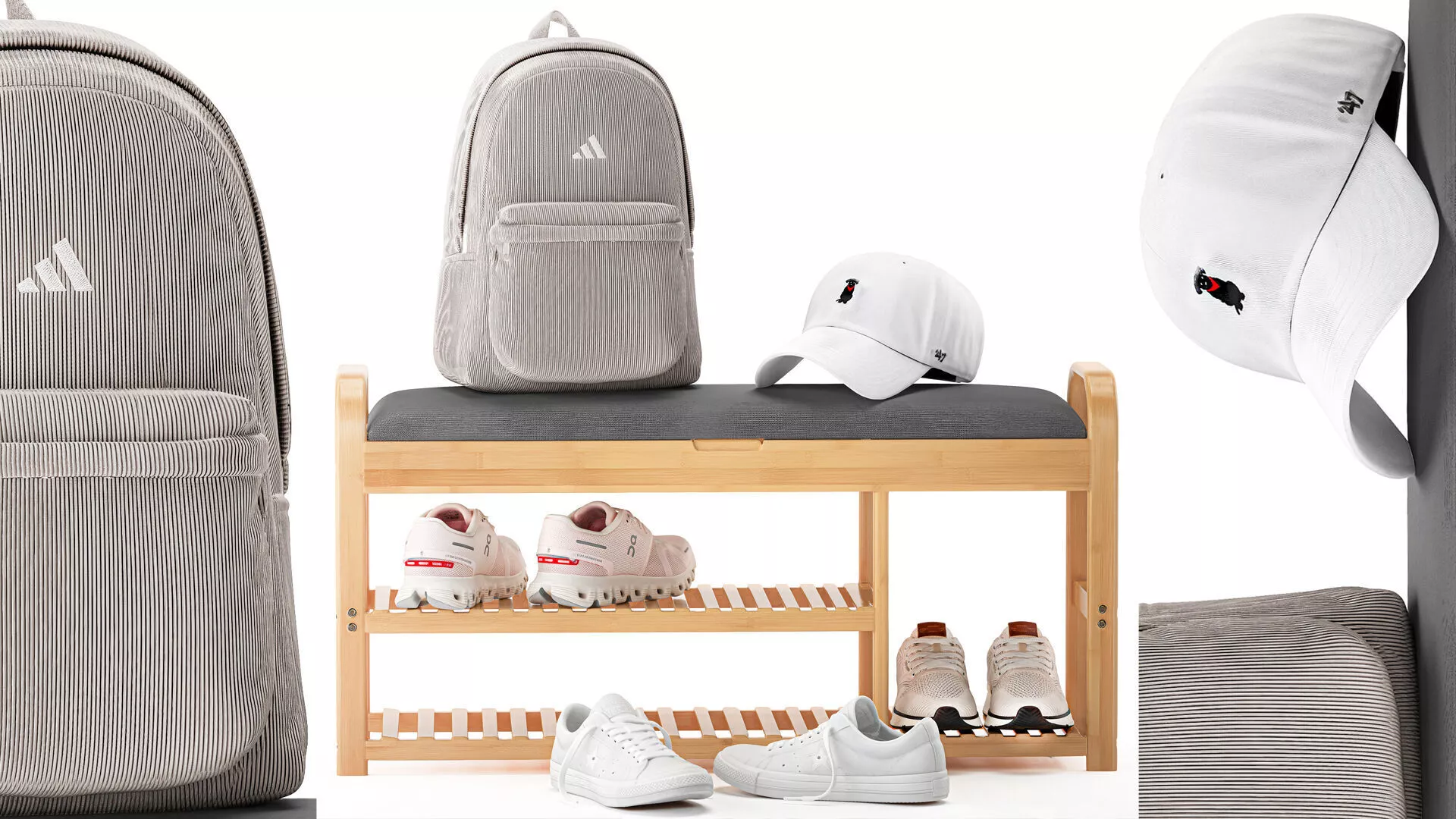 Bench shoe rack hallway backpack sneakers cap set 3D model