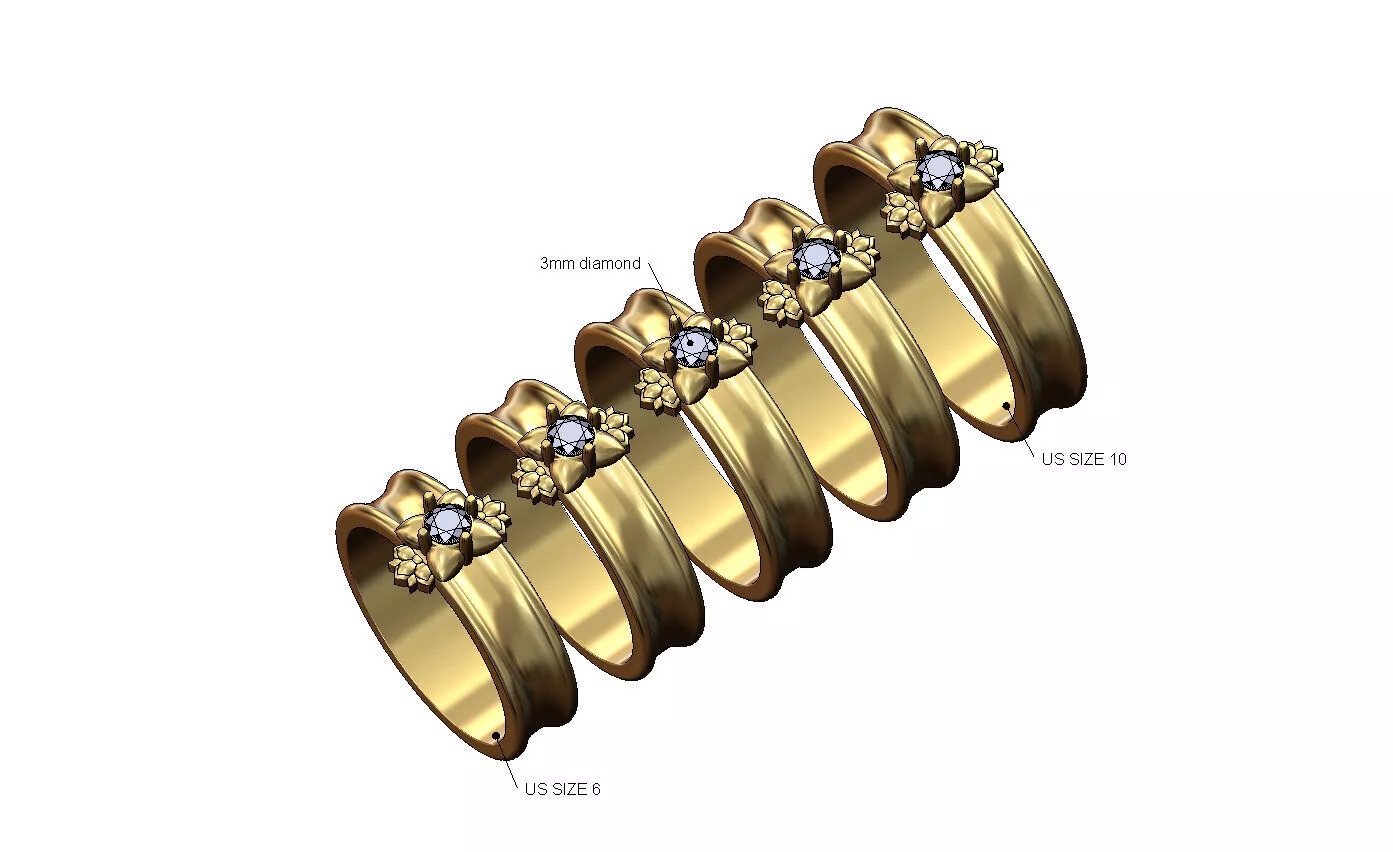 Concave Rose flower spiked solitaire diamond ring US sizes 6to10 3D print model